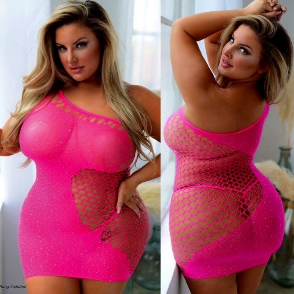 Killer Legs Fuchsia Beaded Halter Top, Plus-Size Lingerie, Fishnet, Sheer NEW